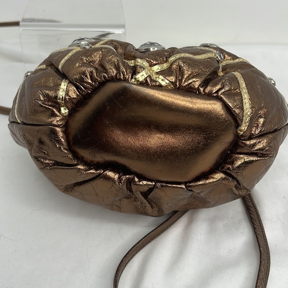 Vintage Bronze Soft Leather Crystal Studded Top Frame Shoulder Bag Crossbody - Picture 7 of 10